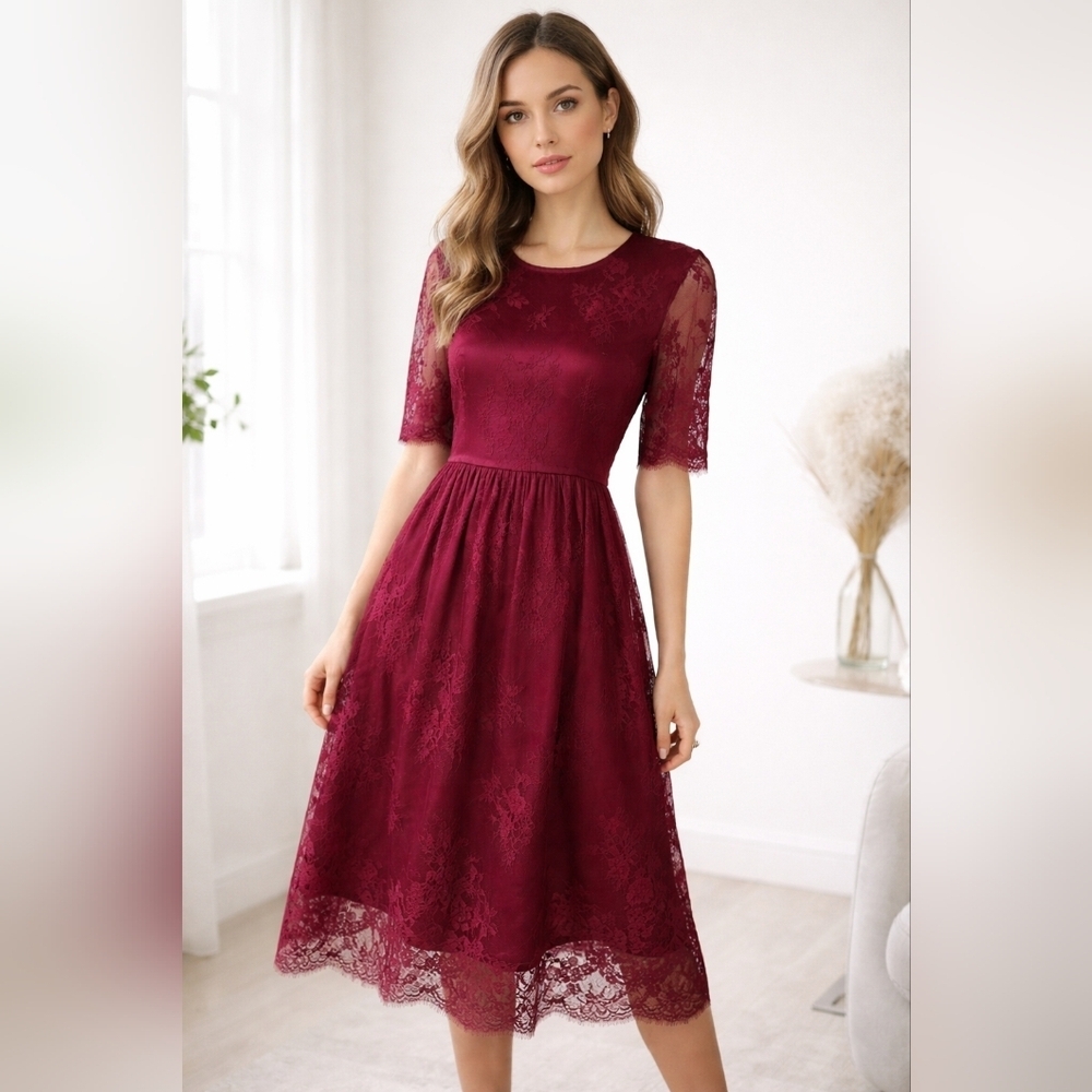 Finejo Floral Lace Burgundy Dress